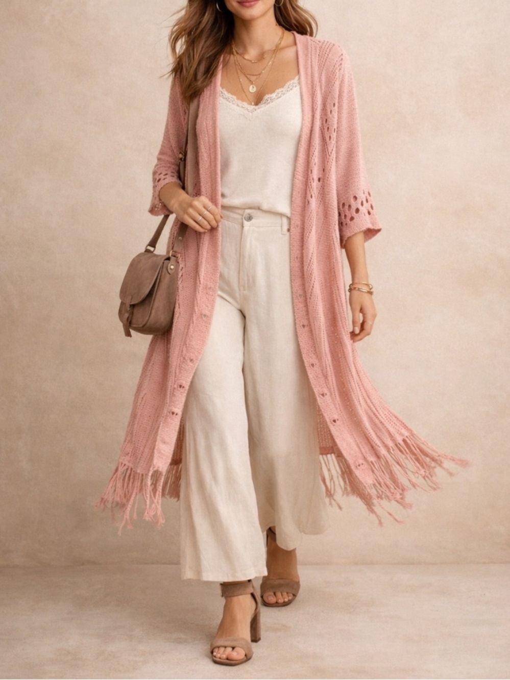 Umgee Blush Knit Duster with Fringe